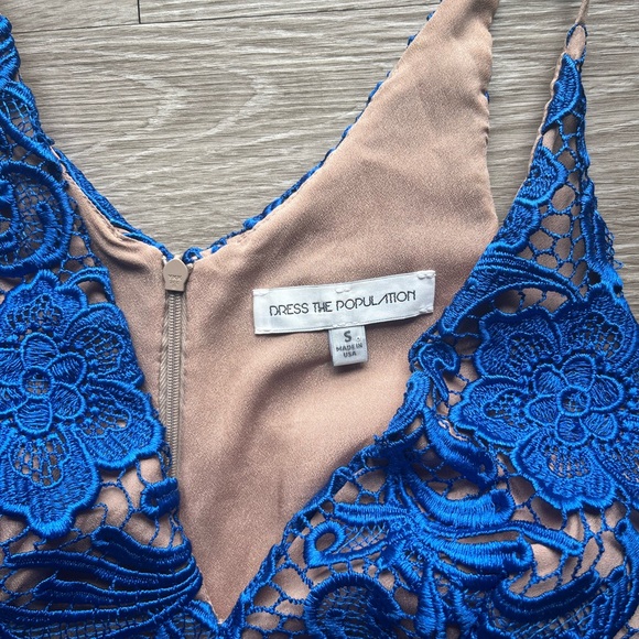 Dress the Population Ava Allie Crochet Overlay Cobalt Blue & Nude Size Small - Picture 7 of 10